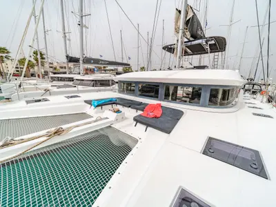Deck of Just Infinity, a Lagoon 50 catamaran at Kontokali, Greece