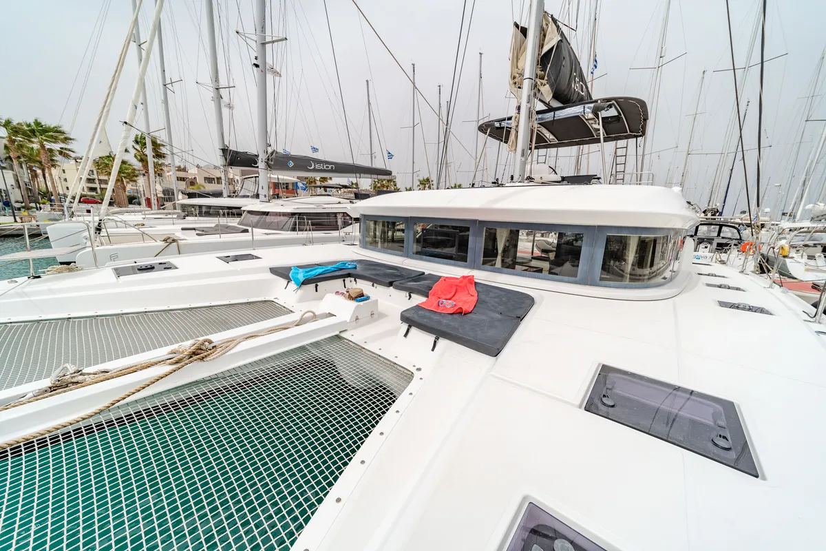 Deck of Just Infinity, a Lagoon 50 catamaran at Kontokali, Greece