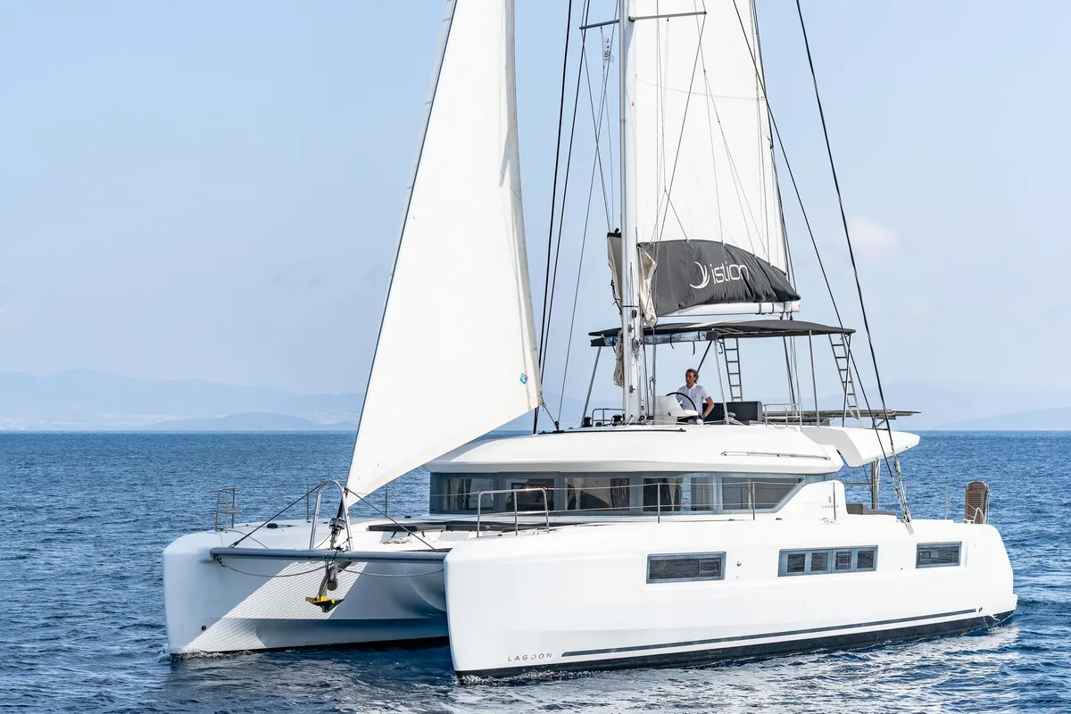Exterior view of Just Infinity, a Lagoon 50 catamaran at Kontokali, Greece