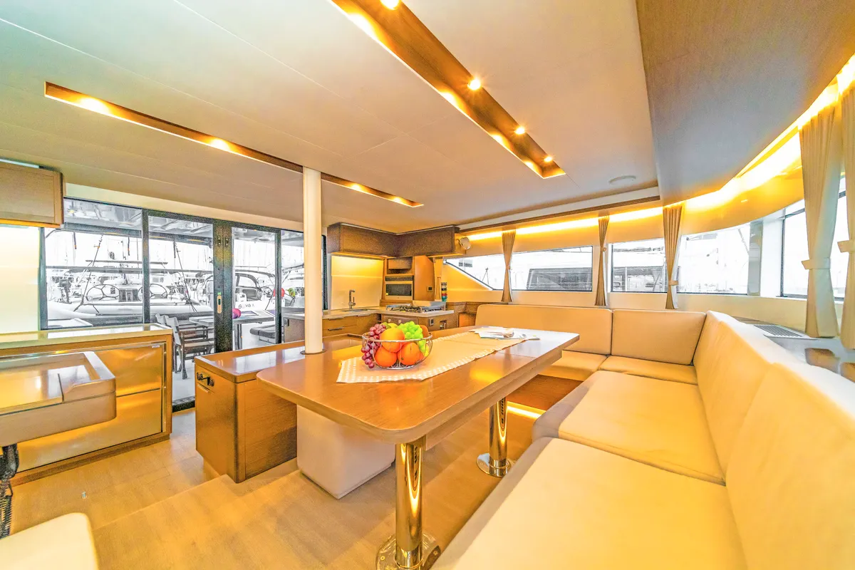 Salon of Just Infinity, a Lagoon 50 catamaran at Kontokali, Greece