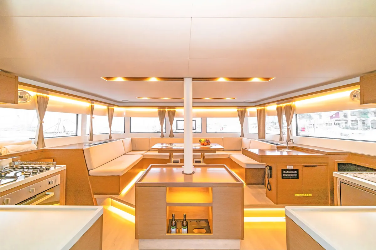 Salon of Just Infinity, a Lagoon 50 catamaran at Kontokali, Greece
