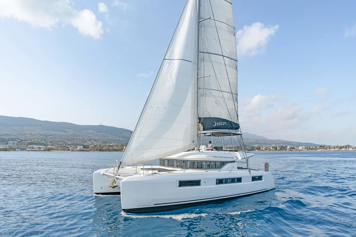 Exterior view of Just Infinity, a Lagoon 50 catamaran at Kontokali, Greece