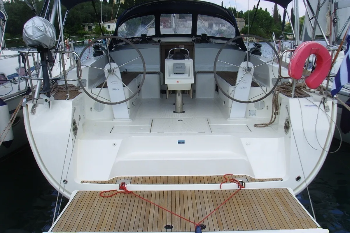 Deck of Zefyros, a Bavaria 46 Cruiser sailboat at Municipal Unit of Lefkada, Greece