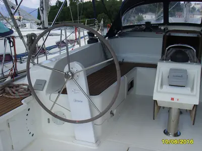 Cockpit of Zefyros, a Bavaria 46 Cruiser sailboat at Municipal Unit of Lefkada, Greece