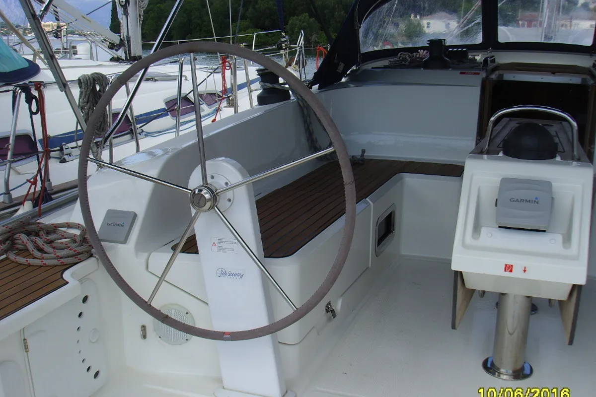Cockpit of Zefyros, a Bavaria 46 Cruiser sailboat at Municipal Unit of Lefkada, Greece
