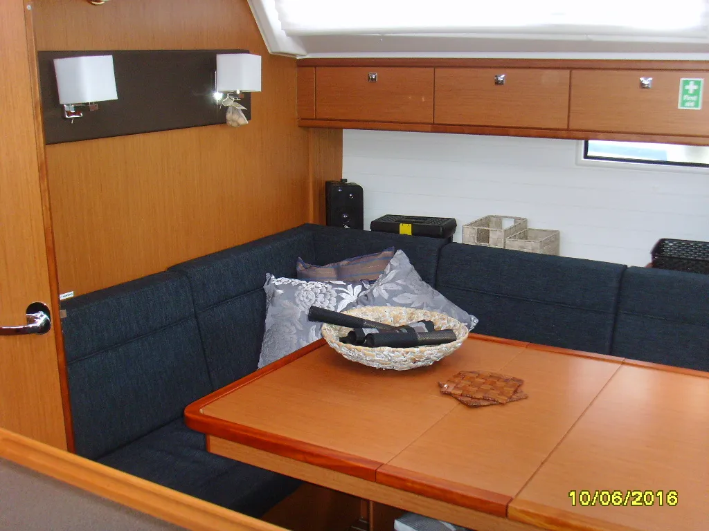 Salon of Zefyros, a Bavaria 46 Cruiser sailboat at Municipal Unit of Lefkada, Greece