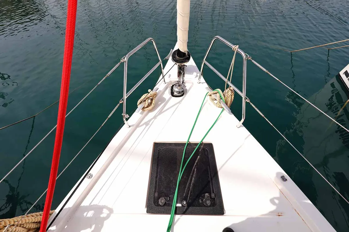 Deck of Spirit, a Dufour 470 sailboat at Grad Trogir, Croatia