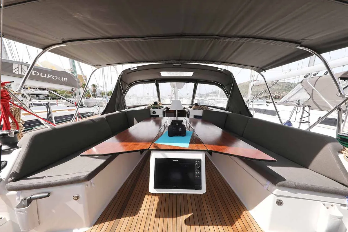 Deck of Spirit, a Dufour 470 sailboat at Grad Trogir, Croatia