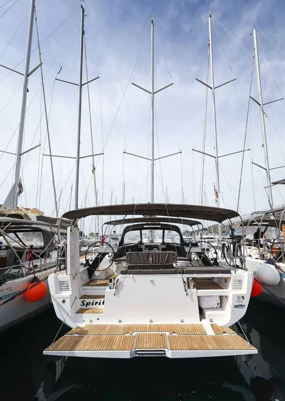 Exterior view of Spirit, a Dufour 470 sailboat at Grad Trogir, Croatia