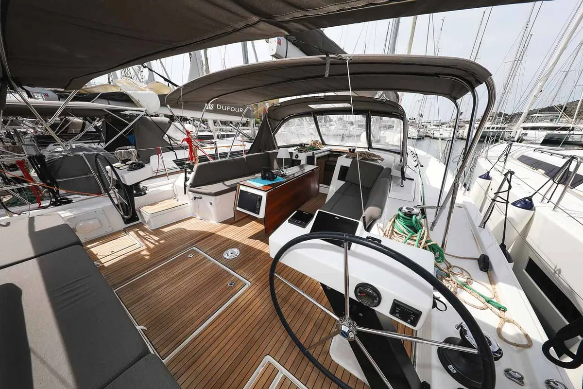 Cockpit of Spirit, a Dufour 470 sailboat at Grad Trogir, Croatia