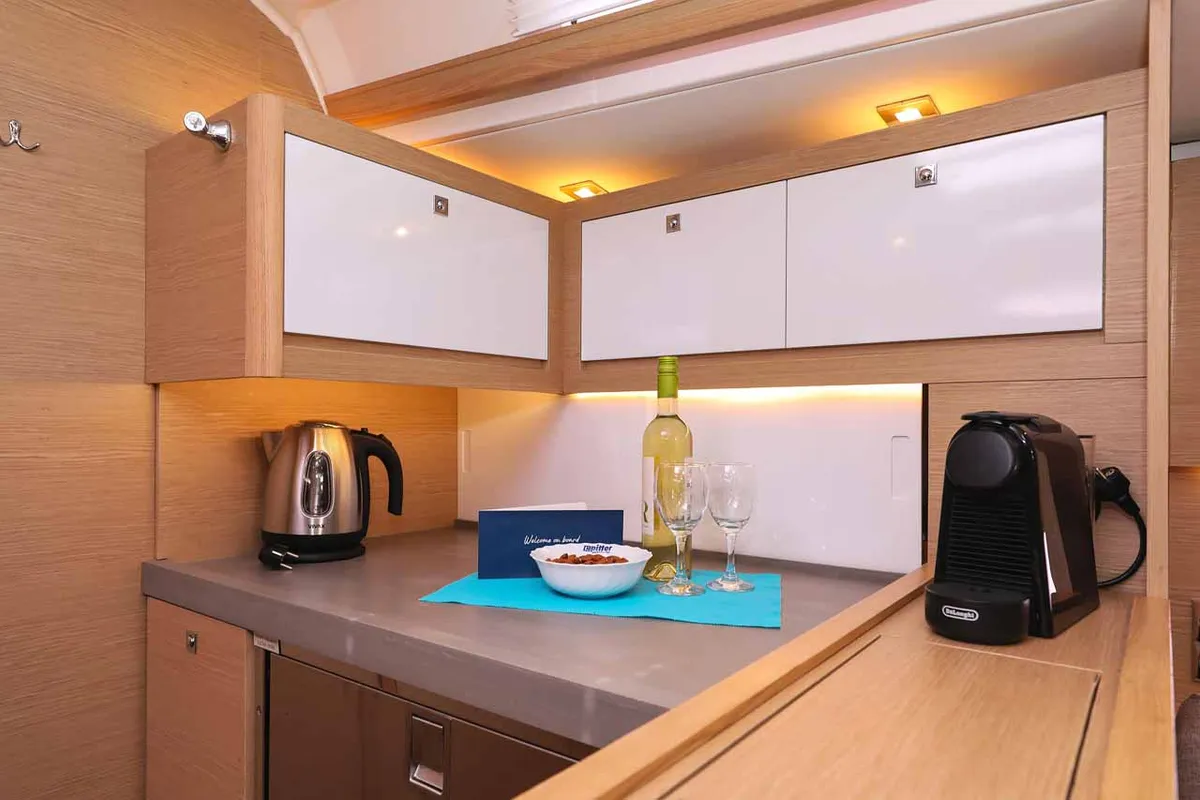 Galley of Spirit, a Dufour 470 sailboat at Grad Trogir, Croatia