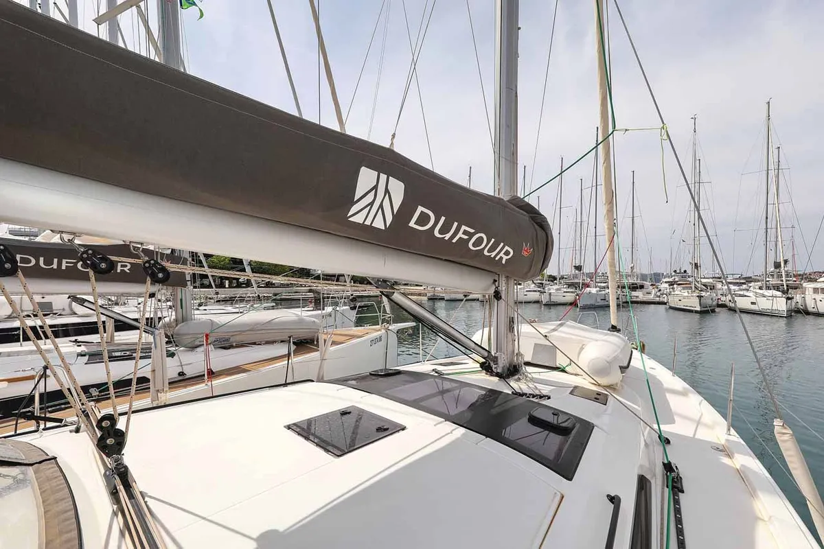 Deck of Spirit, a Dufour 470 sailboat at Grad Trogir, Croatia