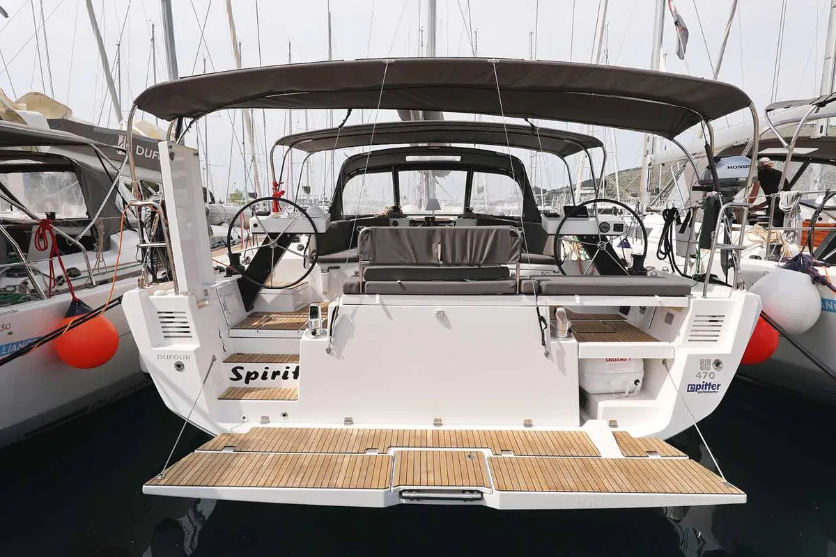 Exterior view of Spirit, a Dufour 470 sailboat at Grad Trogir, Croatia