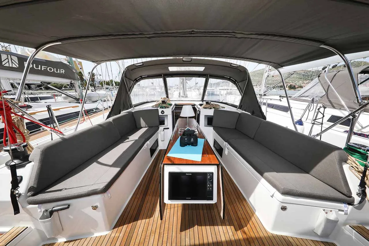 Deck of Spirit, a Dufour 470 sailboat at Grad Trogir, Croatia