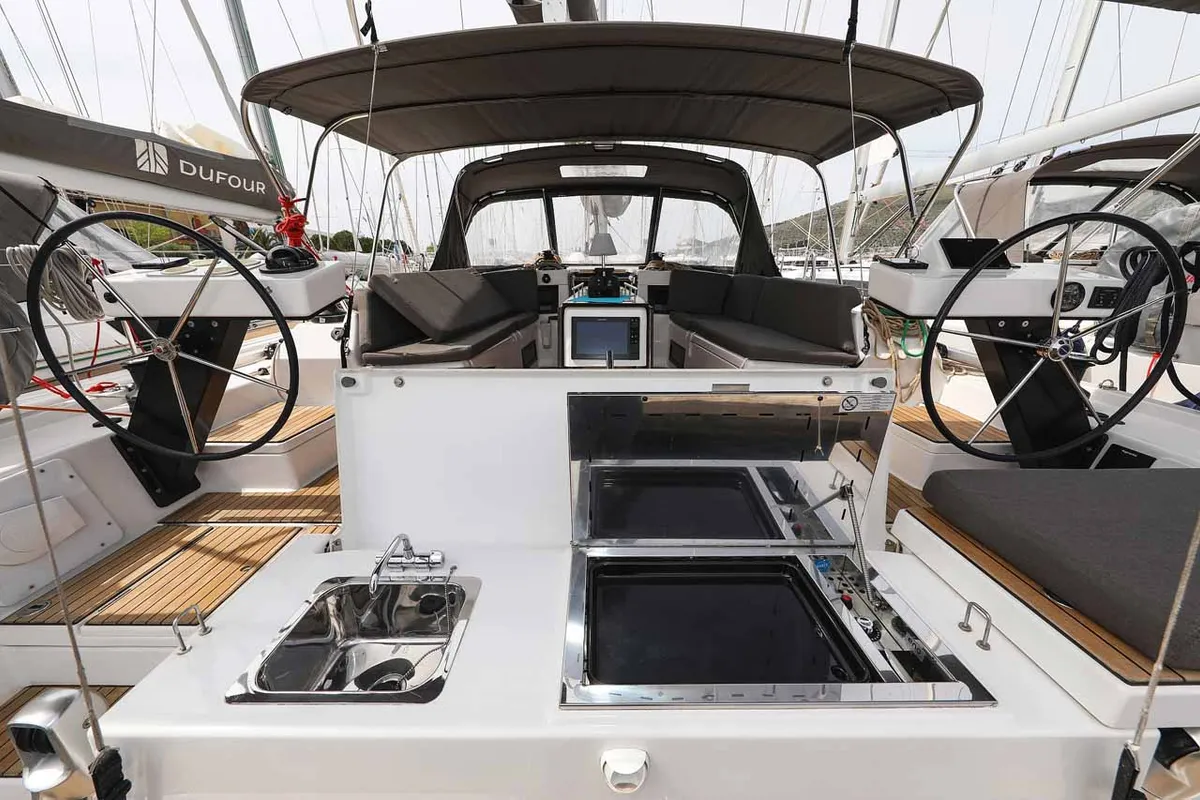 Deck of Spirit, a Dufour 470 sailboat at Grad Trogir, Croatia