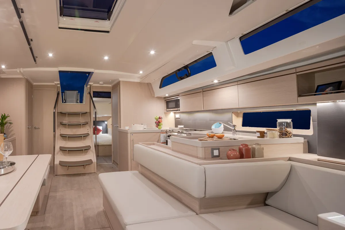 Salon of Sunsail 52.4 Classic, a Beneteau Oceanis 51.1 sailboat at Municipal Unit of Lefkada, Greece