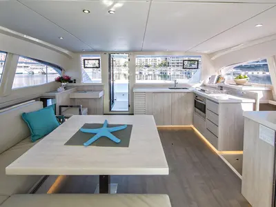 Salon of Moorings 433 PC Club, a Leopard 43 PC catamaran at Općina Marina, Croatia