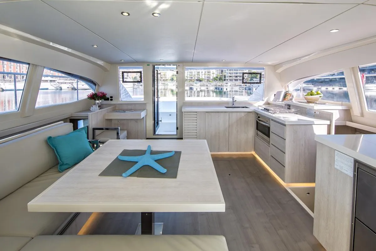 Salon of Moorings 433 PC Club, a Leopard 43 PC catamaran at Općina Marina, Croatia