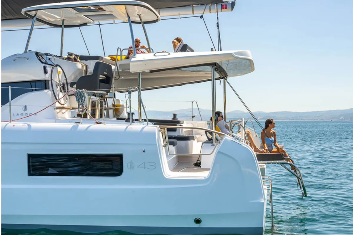 Exterior view of REA, a Lagoon 43 catamaran at Athens, Greece