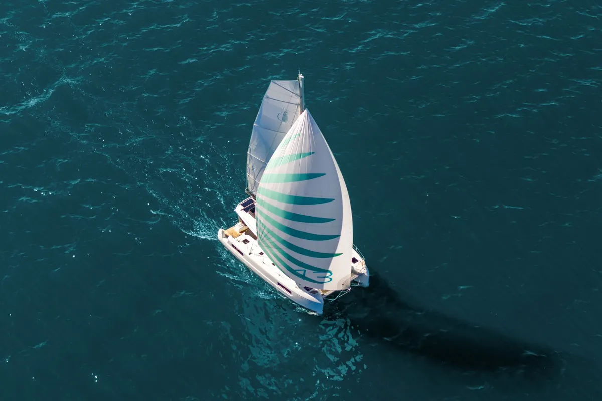 Exterior view of REA, a Lagoon 43 catamaran at Athens, Greece