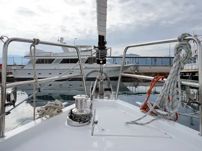 Deck of Caputh, a Jeanneau 51 sailboat at Marmaris, Turkey