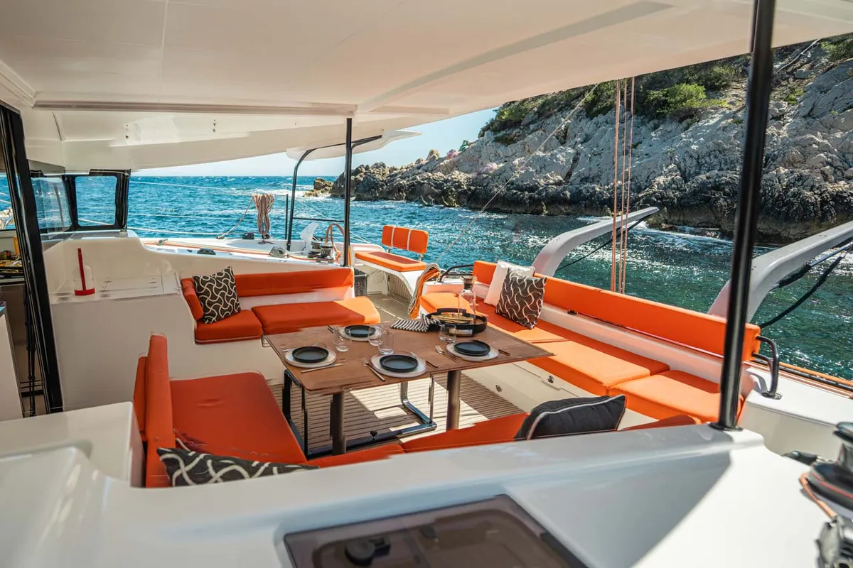 Deck of Mare Loco, a Excess 13 catamaran at Šibenik, Croatia