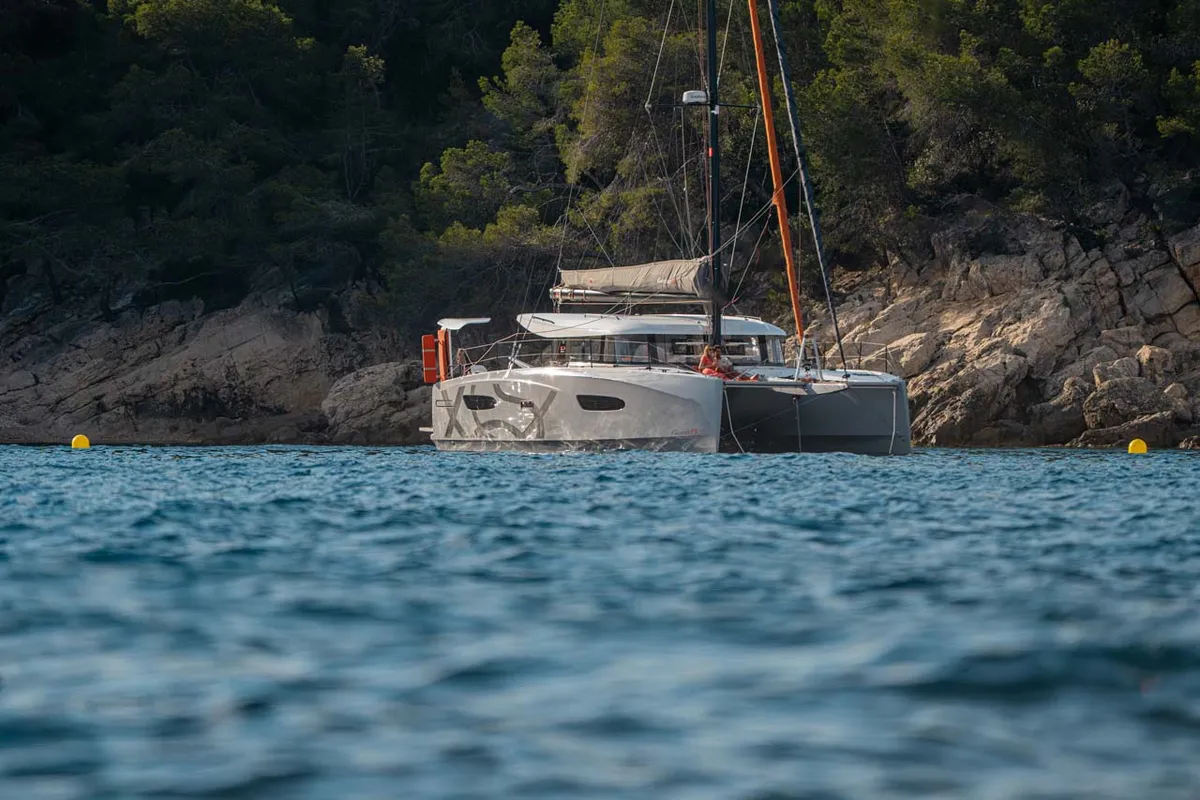 Exterior view of Mare Loco, a Excess 13 catamaran at Šibenik, Croatia