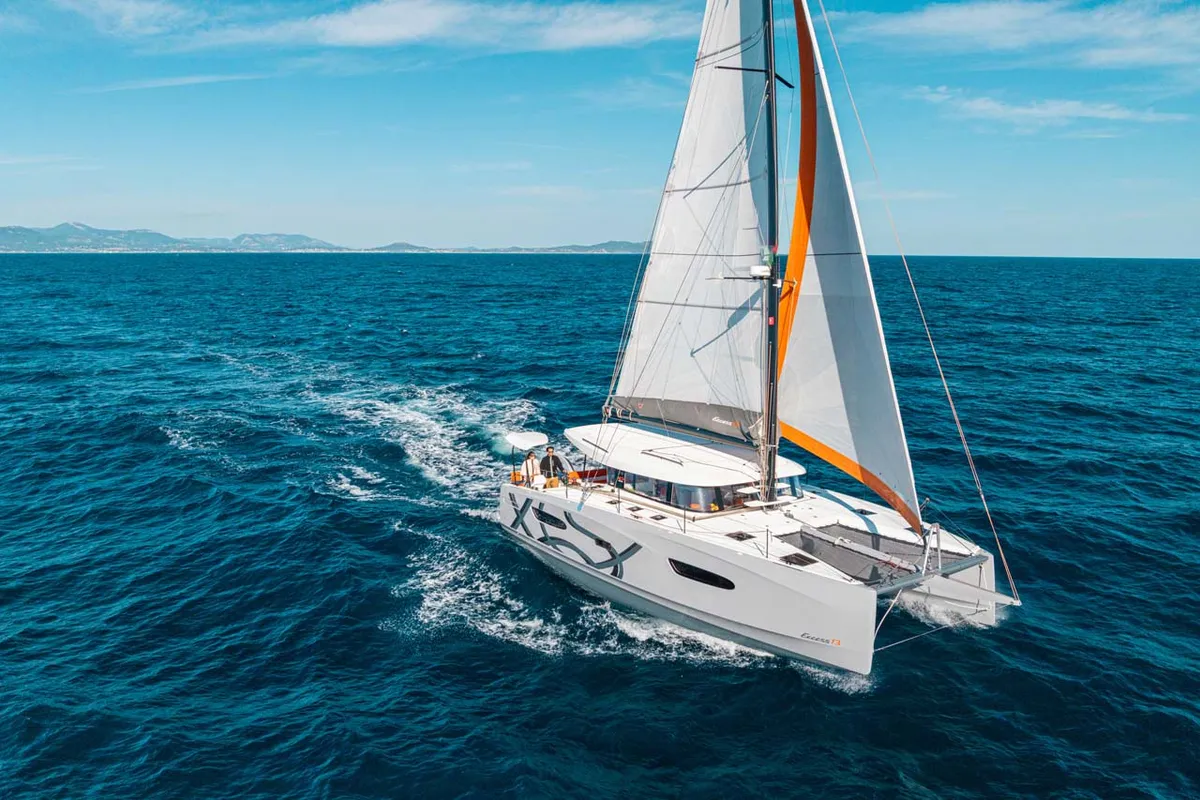 Exterior view of Mare Loco, a Excess 13 catamaran at Šibenik, Croatia