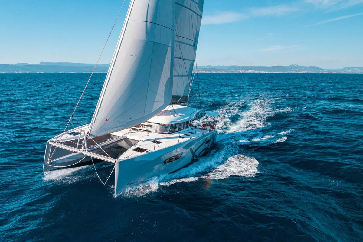 Exterior view of Mare Loco, a Excess 13 catamaran at Šibenik, Croatia