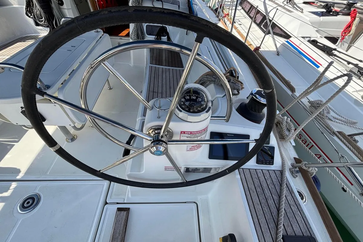 Cockpit of Moonlight, a Jeanneau Sun Odyssey 479 sailboat at Grad Pula, Croatia