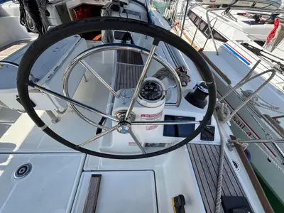 Cockpit of Moonlight, a Jeanneau Sun Odyssey 479 sailboat at Pula, Croatia