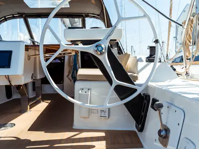 Cockpit of Giustina, a Dufour 390 Grand Large sailboat at Olbia, Italy