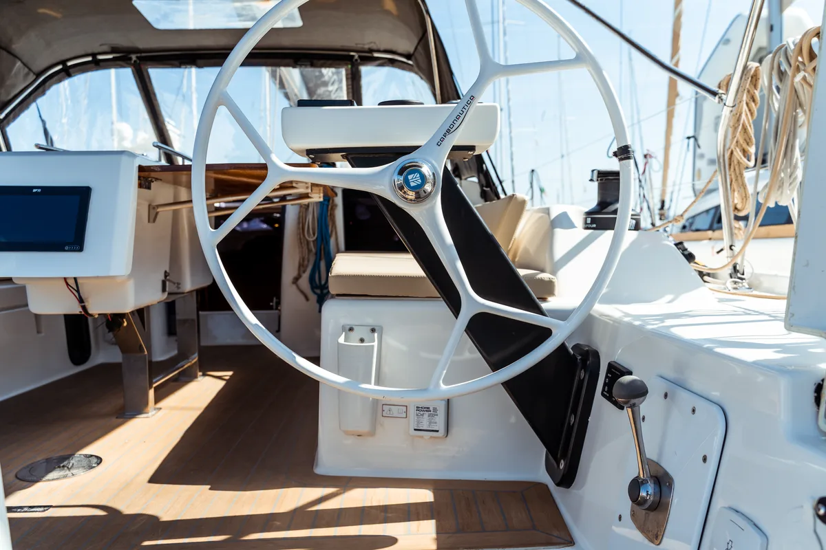Cockpit of Giustina, a Dufour 390 Grand Large sailboat at Olbia, Italy