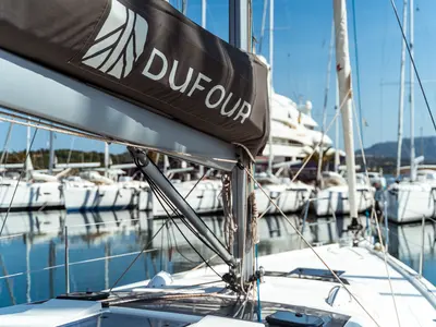 Giustina, a Dufour 390 Grand Large sailboat at Olbia, Italy