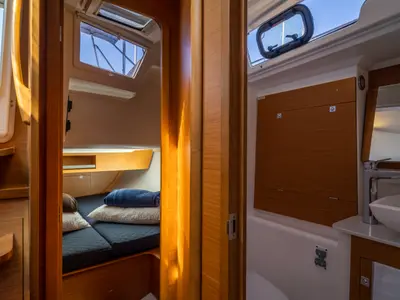 Cabin on Giustina, a Dufour 390 Grand Large sailboat at Olbia, Italy