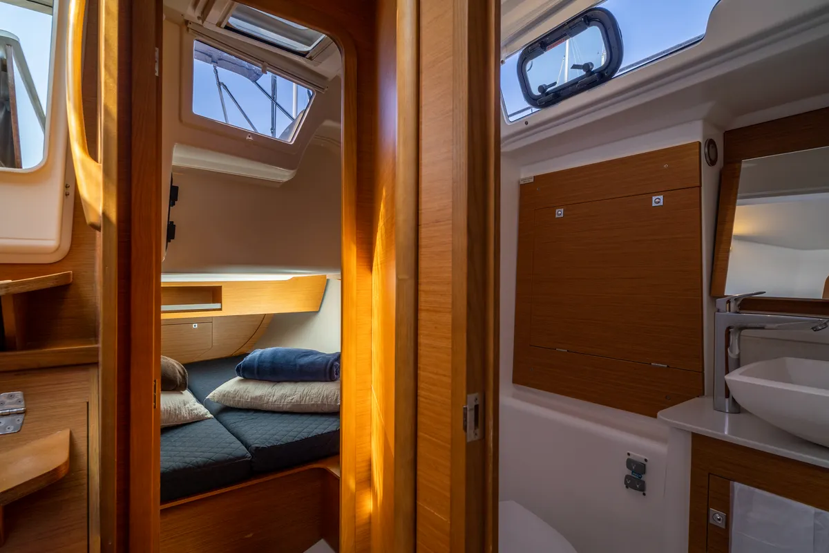 Cabin on Giustina, a Dufour 390 Grand Large sailboat at Olbia, Italy