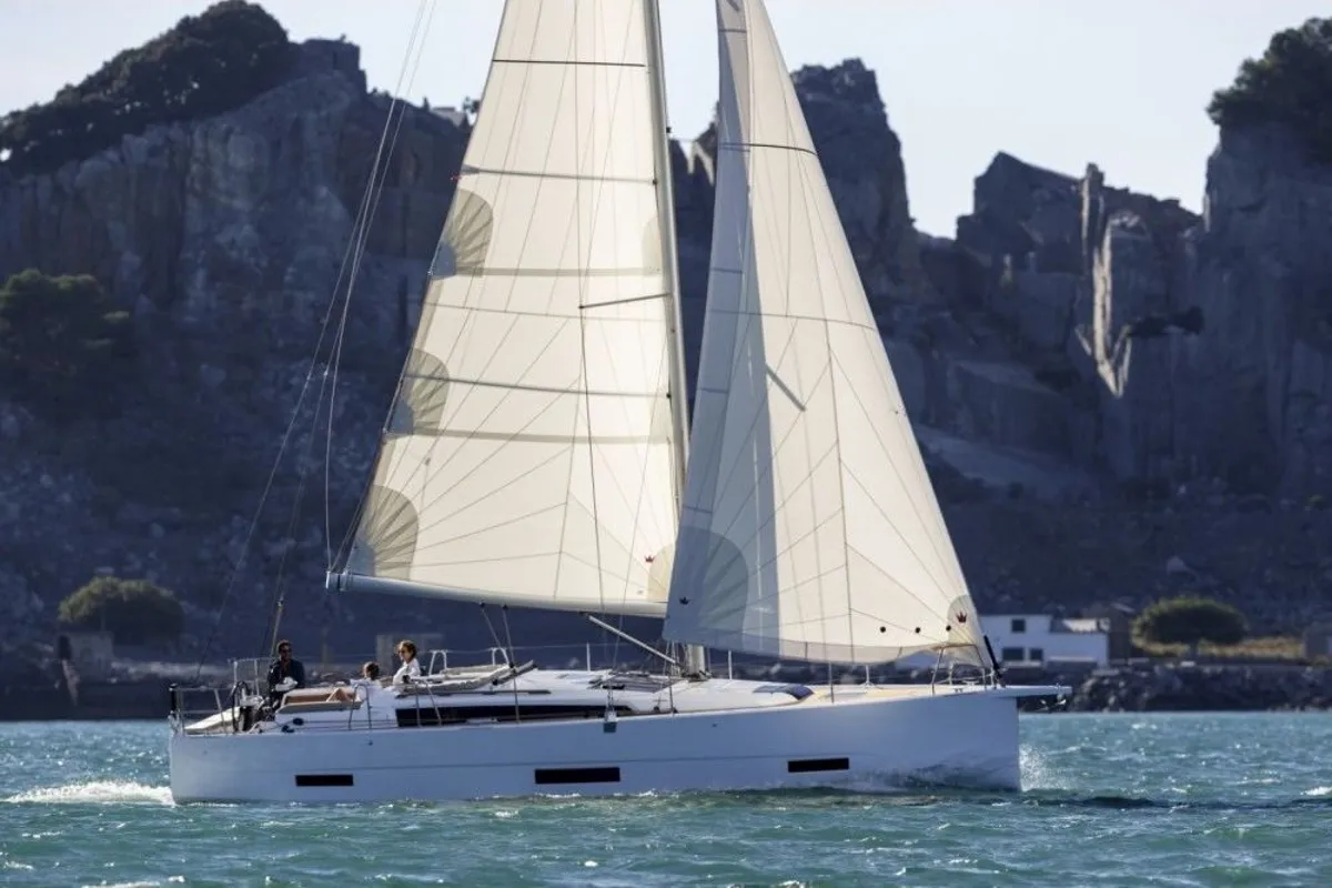 Exterior view of Giustina, a Dufour 390 Grand Large sailboat at Olbia, Italy