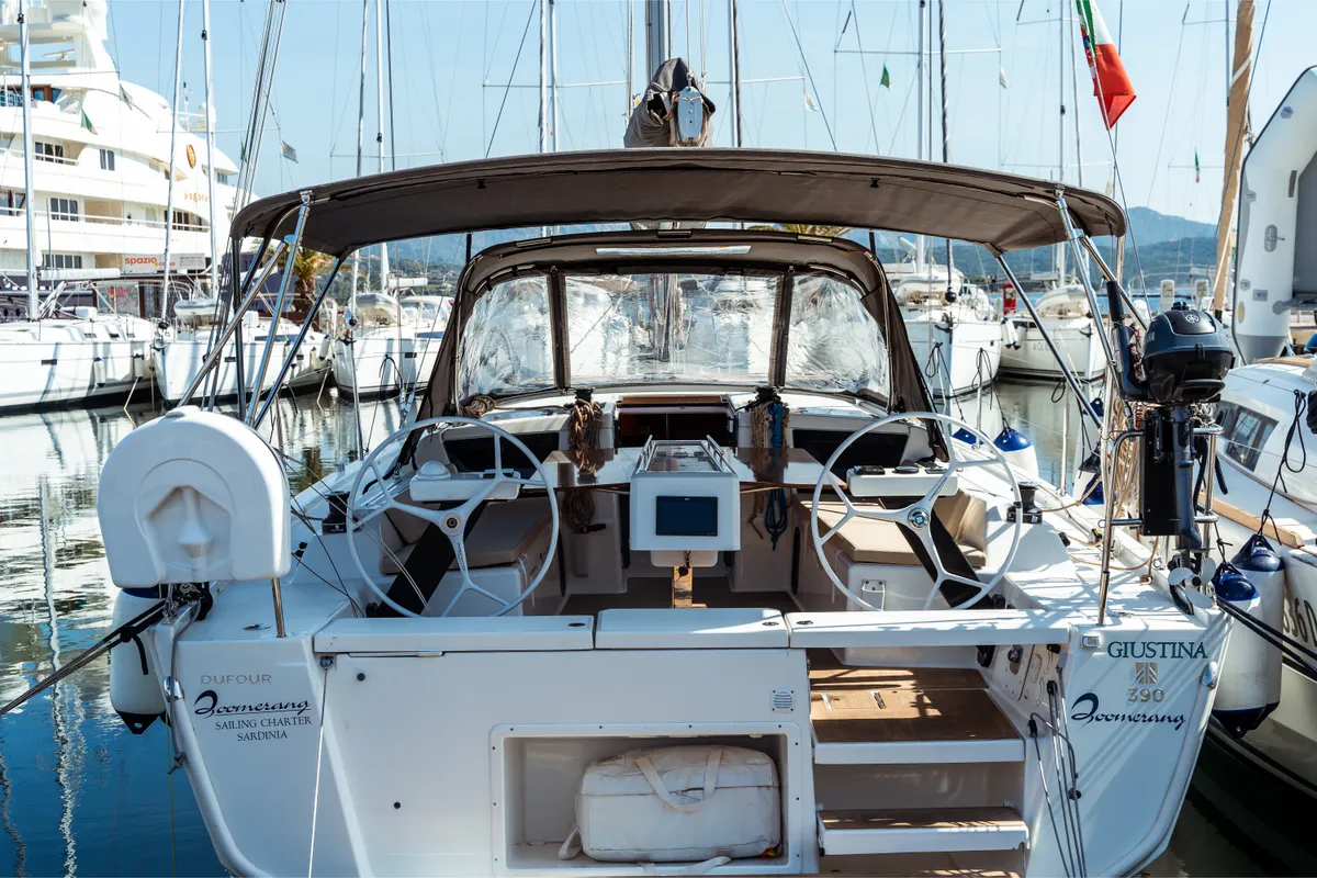 Exterior view of Giustina, a Dufour 390 Grand Large sailboat at Olbia, Italy