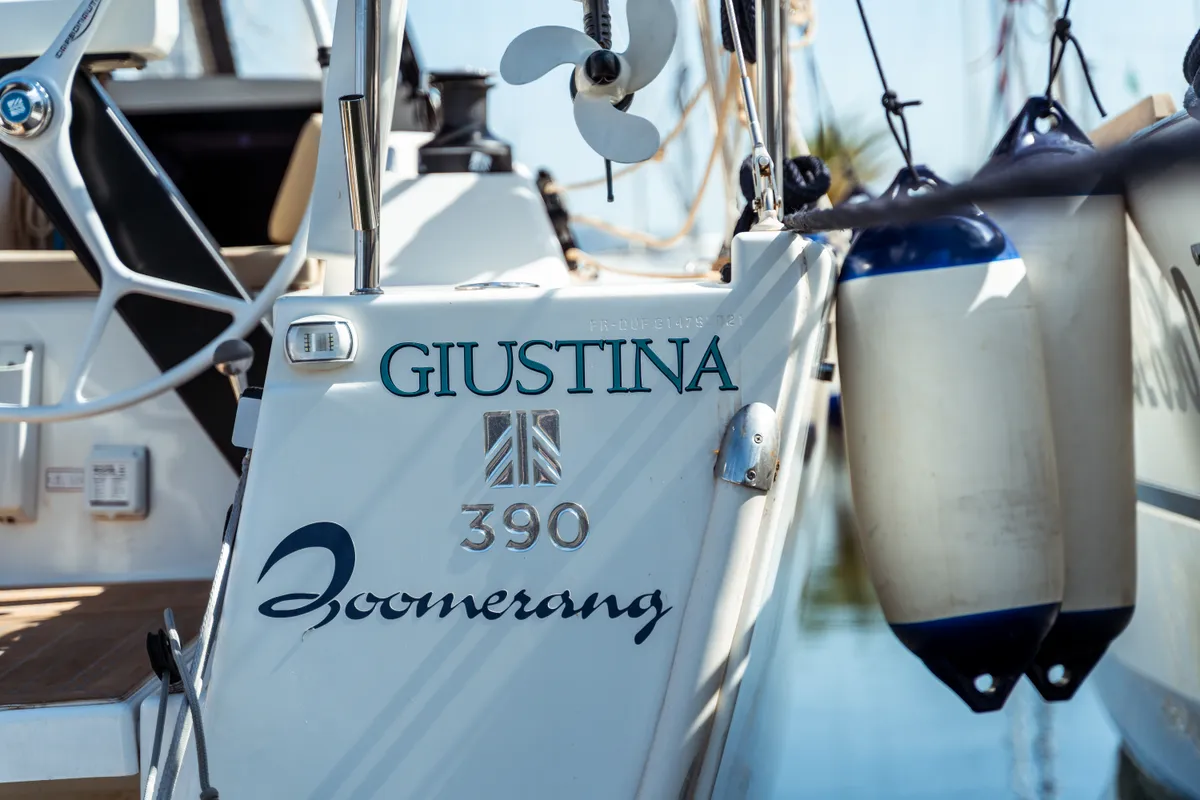 Giustina, a Dufour 390 Grand Large sailboat at Olbia, Italy