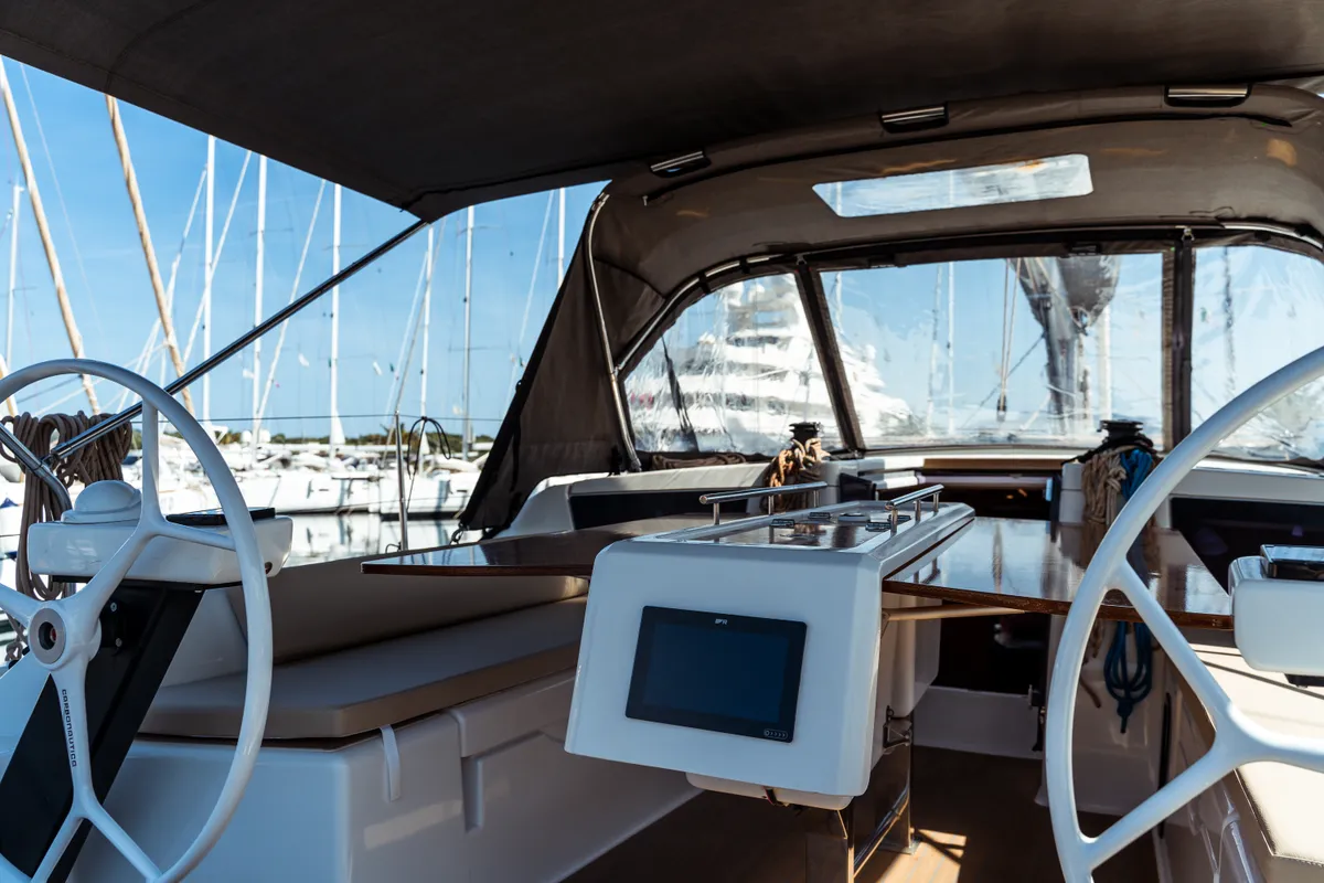 Cockpit of Giustina, a Dufour 390 Grand Large sailboat at Olbia, Italy
