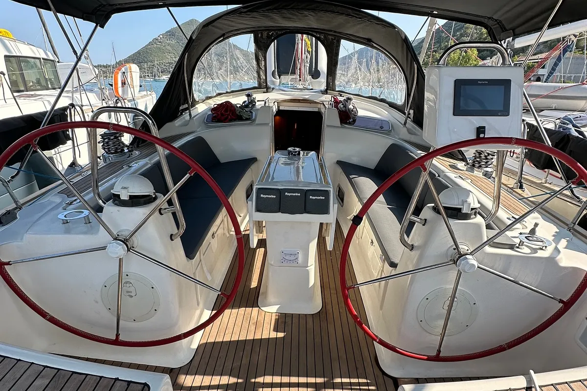 Cockpit of Marivana M, a Bavaria 46 Cruiser sailboat at Volos Municipality, Greece