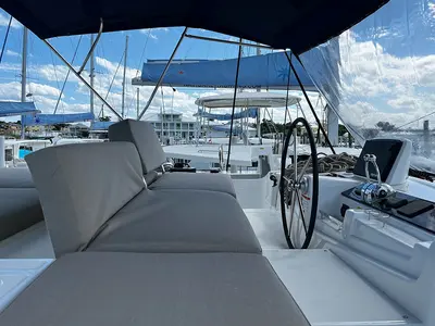 Cockpit of Watercolor, a Lagoon 46 catamaran at Central Abaco, Bahamas
