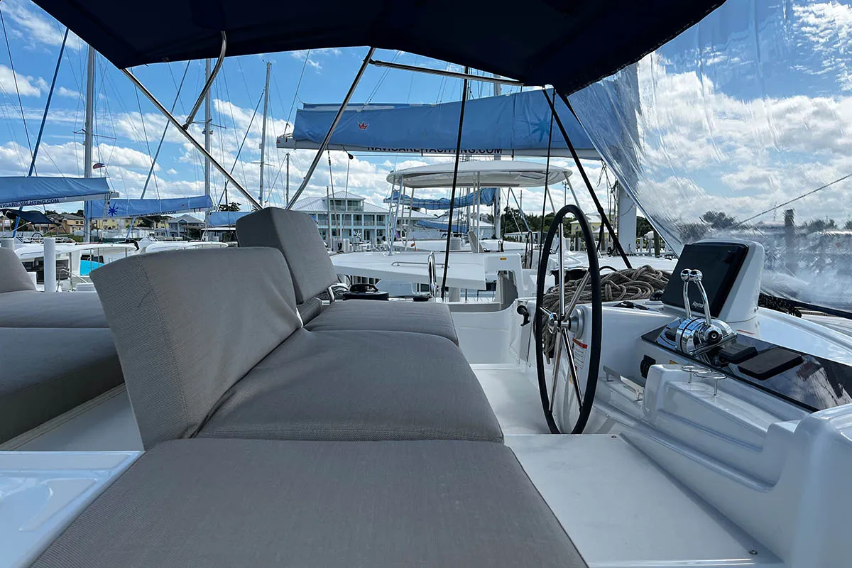 Cockpit of Watercolor, a Lagoon 46 catamaran at Central Abaco, Bahamas