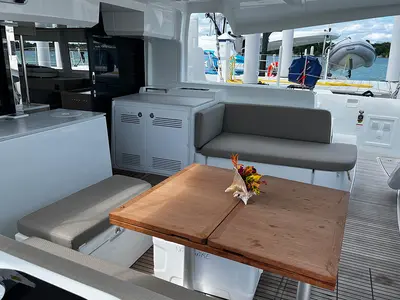 Deck of Watercolor, a Lagoon 46 catamaran at Central Abaco, Bahamas