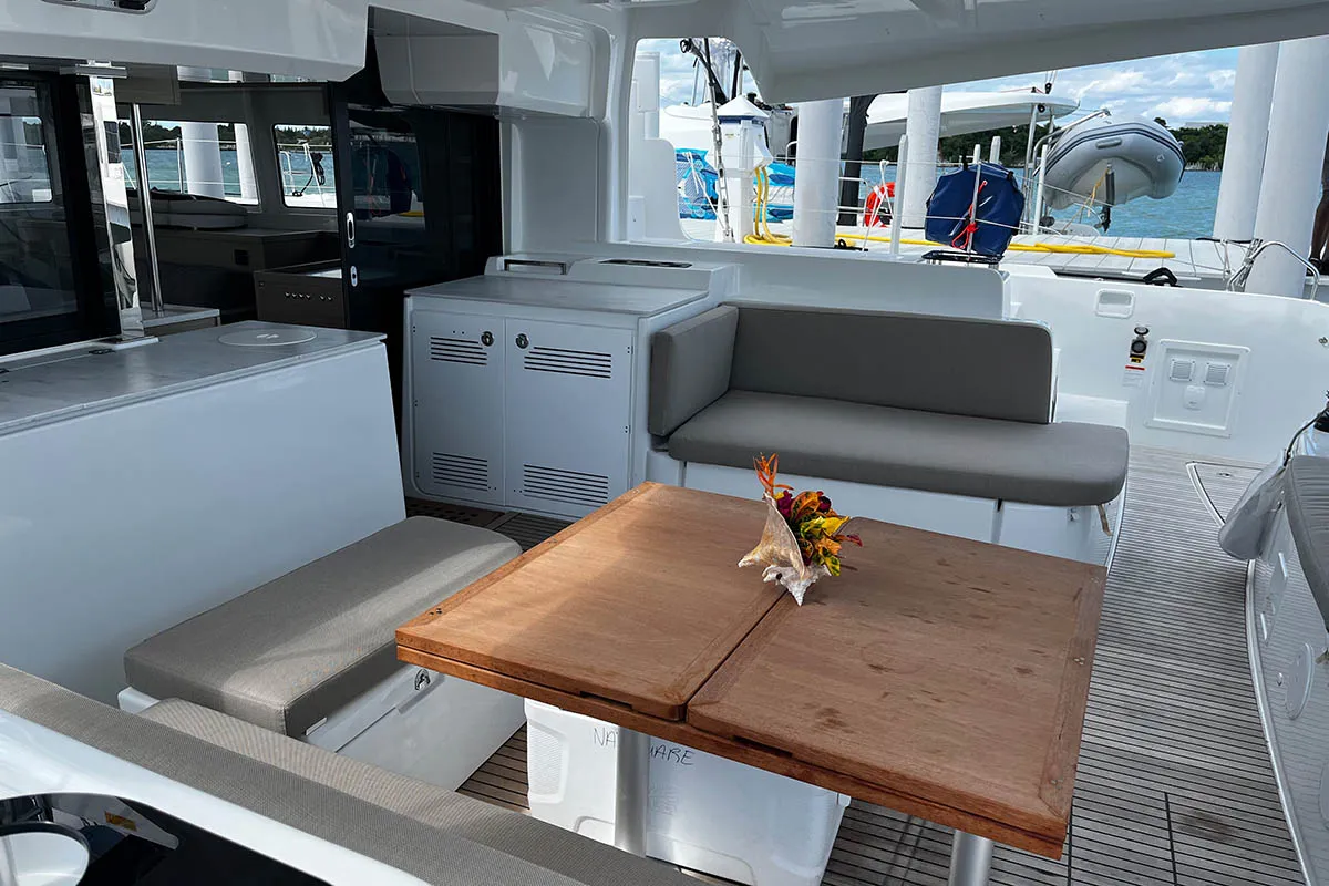 Deck of Watercolor, a Lagoon 46 catamaran at Central Abaco, Bahamas