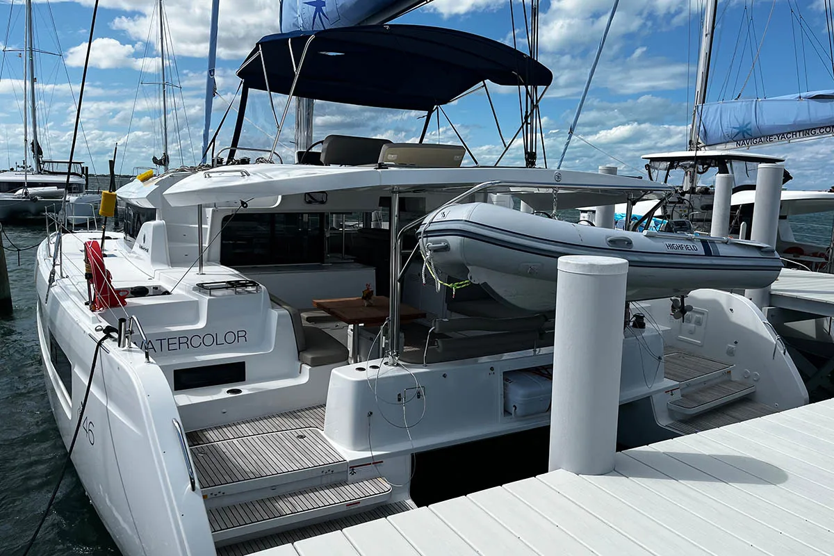 Exterior view of Watercolor, a Lagoon 46 catamaran at Central Abaco, Bahamas