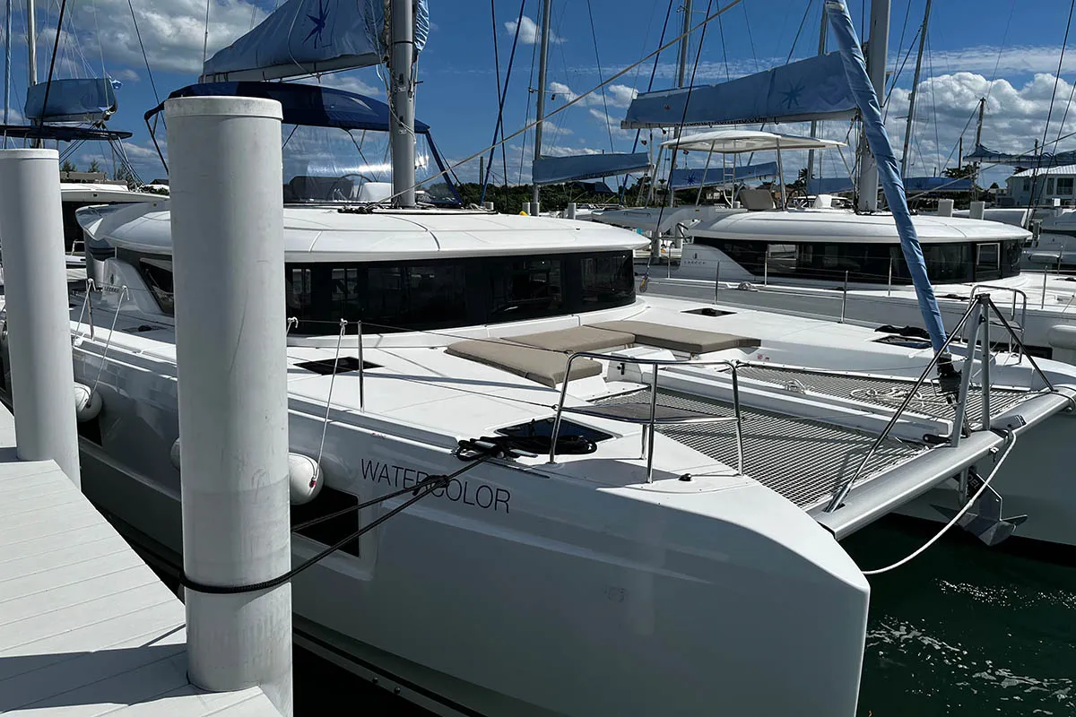 Exterior view of Watercolor, a Lagoon 46 catamaran at Central Abaco, Bahamas