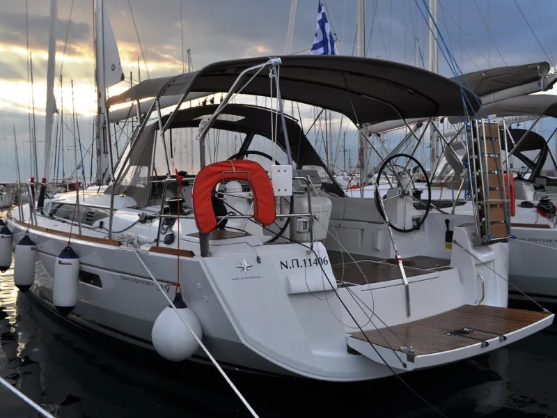 Exterior view of Ekaterina, a Jeanneau Sun Odyssey 519 sailboat at Athens, Marina Delta Kallithea, Greece