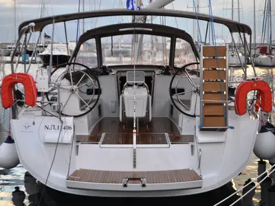 Cockpit of Ekaterina, a Jeanneau Sun Odyssey 519 sailboat at Athens, Marina Delta Kallithea, Greece