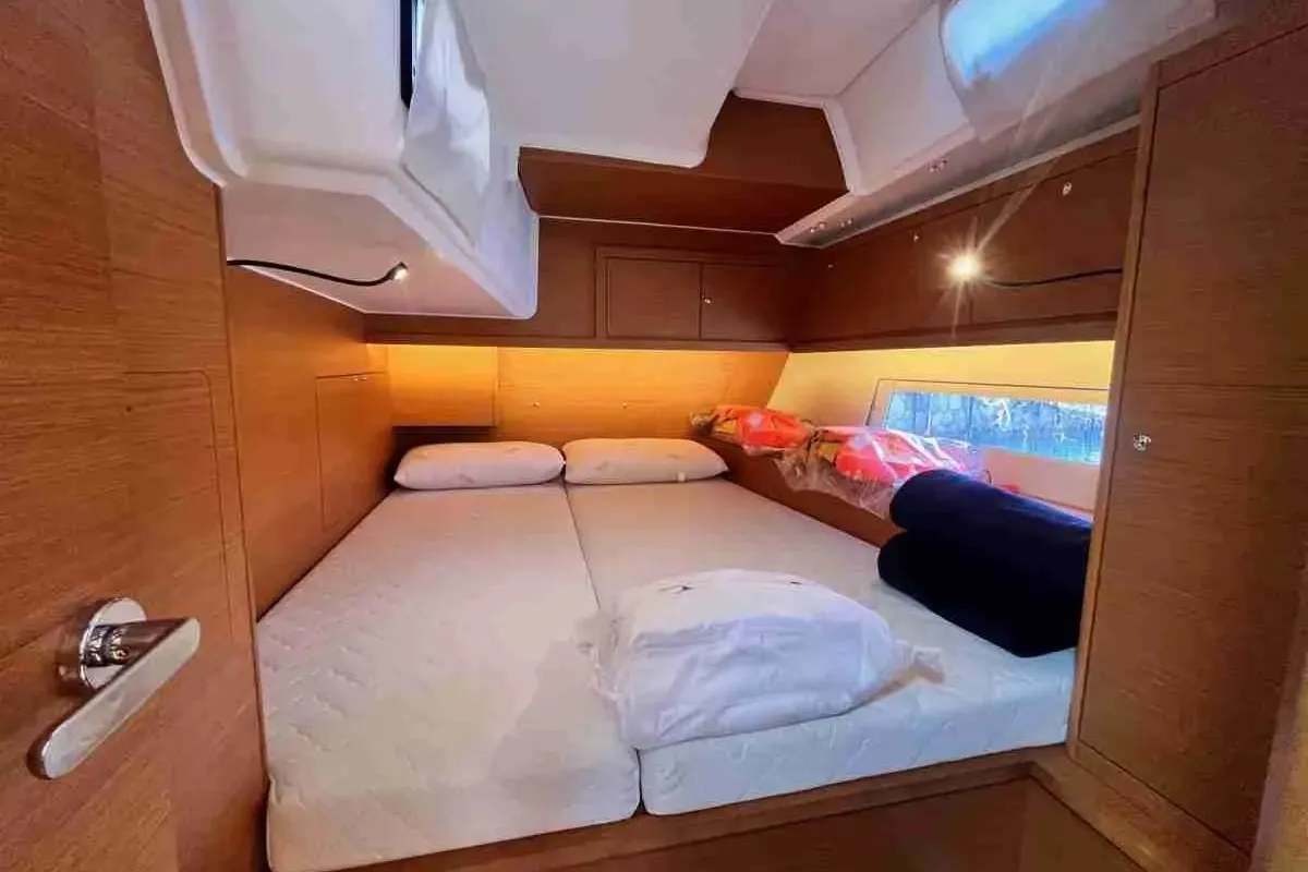 Cabin on Thalis II, a Dufour 470 sailboat at Agropoli, Italy